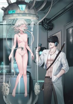 1boy 1girl abs absurdres barefoot belt belt_buckle black_hair body_tube breasts buckle ceiling closed_eyes coat collarbone commission door elf facial_hair female_pubic_hair grey_hair hair_over_eyes hand_in_pocket headphones highres holding holding_phone indoors industrial_pipe ishii-239 knees long_mustache medium_hair mixed-language_commentary mustache nipples open_clothes open_coat original pants phone pointy_ears pubic_hair science_fiction second-party_source short_hair standing stasis_tank strap sword taking_picture tube vent_(object) weapon
