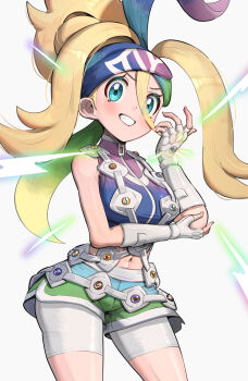 1girl absurdres blue_eyes gonzarez highres korrina_(pokemon) mega_stone nintendo pokemon pokemon_legends:_z-a simple_background solo white_background