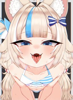 1girl ahoge animal_ear_fluff animal_ears bikini blonde_hair blue_bikini blue_bow blue_eyes blue_hair blush bow breasts cat_ears collarbone fangs hair_bow hajiwan001 highres indie_virtual_youtuber loli long_hair looking_at_viewer low_twintails multicolored_hair navel one_side_up open_mouth sameko_saba small_breasts solo straight-on streaked_hair striped_bikini striped_clothes sweat swimsuit tongue tongue_out twintails very_long_hair virtual_youtuber
