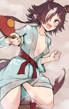 1girl akizuki_shigure animal_ears ball blush breasts brown_eyes brown_hair clenched_hand ear_ornament floating_hair foot_up grey_hair hair_ornament hair_over_one_eye highres holding holding_paddle holding_table_tennis_paddle horse_ears horse_girl horse_tail japanese_clothes kimono long_hair looking_at_viewer low_ponytail medium_breasts motion_blur no_bra open_mouth paddle paid_reward_available ponytail slippers solo steaming_body sweat table_tennis_ball table_tennis_paddle tail umamusume variant_set vodka_(umamusume)