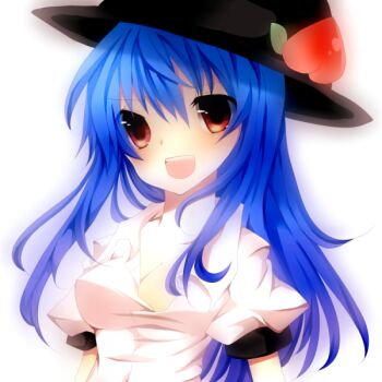 Rule 34 | 1girl, bad id, bad pixiv id, blue hair, breasts, cleavage, female focus, gradient background, hat, hinanawi tenshi, large breasts, long hair, nayuta (scarlet-noize), open clothes, open shirt, red eyes, shirt, solo, teeth, touhou, white background