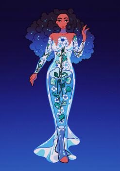 1girl absurdres bare_shoulders big_hair black_hair blue_background blue_dress closed_mouth dark-skinned_female dark_skin dress floral_print floral_print_dress flower full_body gradient_background gradient_hair highres leaf liquid long_sleeves meyoco multicolored_hair off-shoulder_dress off_shoulder original partially_immersed print_dress white_flower