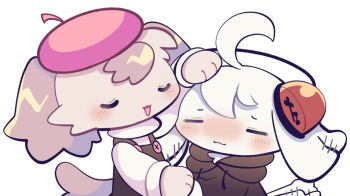 1boy 1girl :3 ahoge animal_ears animal_hands artist_self-insert babichao bayachao beret black_hoodie black_overalls blush brown_fur chibikemo closed_eyes commentary_request deformed dog_boy dog_ears dog_girl dog_tail furry furry_female furry_male furry_with_furry hat headphones hetero hood hoodie makemon! official_art overalls pochi_(makemon!) red_hat simple_background smile tail upper_body white_background white_fur