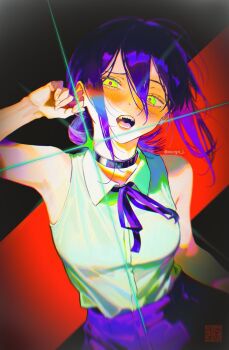 1girl aegyo_sal bare_arms bare_shoulders black_choker blurry blush breasts chainsaw_man choker chromatic_aberration collared_shirt depth_of_field from_above green_eyes grenade_pin hair_between_eyes hair_bun hashtag-only_commentary highres looking_at_viewer medium_breasts medium_hair neck_ribbon open_mouth purple_hair purple_ribbon purple_shorts reze_(chainsaw_man) ribbon shirt shorts sleeveless sleeveless_shirt solo ssurge_l twitter_username updo upper_body vignetting white_shirt