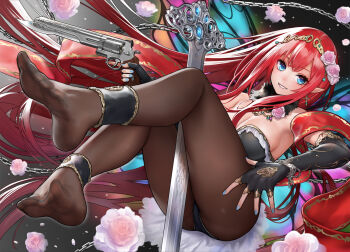 1girl absurdly_long_hair ass barefoot blue_eyes blue_gemstone blue_nails breasts brown_pantyhose chain cleavage commentary_request cross cross_earrings earrings elbow_gloves fingerless_gloves flower full_body gem gloves gold_trim gun hair_ornament handgun highres hiyashiru holding holding_gun holding_weapon jewelry large_breasts long_hair nail_polish original pantyhose pink_flower pink_rose pointy_ears red_gemstone red_hair revolver rose smile solo sword very_long_hair weapon