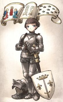 Rule 34 | 1girl, armor, aventail, bascinet, bead necklace, beads, blue eyes, breastplate, brown hair, chainmail, closed mouth, commentary, couter, cross, cross necklace, crown (symbol), cuisses, english commentary, fleur-de-lis, full body, gauntlets, greaves, helmet, highres, hounskull, ironlily, jewelry, layered armor, looking to the side, necklace, original, own hands together, pauldrons, plate armor, poleyn, rerebrace, sabaton, saint, scabbard, sheath, sheathed, shield, shoulder armor, simple background, solo, standing, sword, unworn headwear, unworn helmet, unworn jewelry, unworn necklace, vambraces, weapon, white background