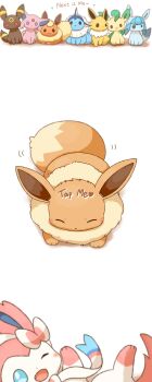 :3 absurdres black_fur blue_eyes blue_fur blush brown_fur closed_eyes closed_mouth commentary_request eevee english_text espeon facial_mark flareon forehead_mark gen_1_pokemon gen_2_pokemon gen_4_pokemon gen_6_pokemon glaceon highres jolteon leafeon mimix nintendo no_humans one_eye_closed open_mouth pink_fur pokemon pokemon_(creature) pokemon_focus red_eyes red_fur simple_background standing sylveon tail tail_wagging thumbnail_surprise umbreon vaporeon white_background yellow_fur