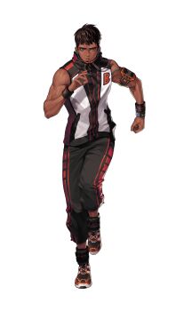 1boy absurdres artist_request black_survival brown_hair commentary earbuds earphones english_commentary grey_eyes highres jogging mp3_player official_art pants sleeveless solo sweat sweatband third-party_source track_pants transparent_background watch william_benson wristband wristwatch