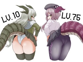 2girls armor armored_dress ass beret black_pantyhose blush capelet commentary cropped_legs dragon dragon_girl dragon_horns dragon_tail dress fang from_behind green_hair green_horns green_scales green_skirt green_tail green_thighhighs green_wings hat highres horns legendary_dragon lesser_dragon_(skyrim) level_difference long_hair miniskirt monster_girl multiple_girls multiple_horns okamura_(okamura086) pale_skin panties panties_under_pantyhose pantyhose pantyshot personification purple_hair scowl skirt spikes tail the_elder_scrolls the_elder_scrolls_v:_skyrim thighhighs twintails underwear upskirt white_panties wings yellow_eyes