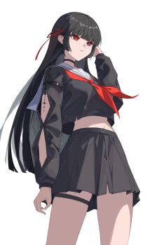 1girl absurdres arm_cutout black_choker black_hair black_shirt black_skirt chisa_(wuthering_waves) choker clothing_cutout hair_ribbon highres long_hair looking_at_viewer navel red_eyes red_ribbon ribbon sailor_collar school_uniform serafuku shadowtapir shirt skirt solo white_sailor_collar wuthering_waves