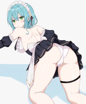 1girl aqua_hair ass backless_dress backless_outfit bent_over black_dress blush cameltoe closed_mouth commentary_request double-parted_bangs dress feet_out_of_frame green_eyes hair_between_eyes hikikomari_kyuuketsuki_no_monmon kneeling long_bangs looking_at_viewer looking_back maid maid_headdress median_furrow panties partial_commentary sa_(nax49) short_dress short_hair solo thigh_strap turning_head underwear villhaze white_panties