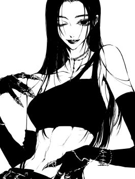 1girl bare_shoulders breasts claw_ring collarbone crop_top cross cross_necklace elbow_gloves gloves greyscale hand_up highres jewelry lips long_hair looking_at_viewer medium_breasts monochrome necklace one_eye_closed original parted_lips simple_background smile solo stomach teeniika upper_body white_background