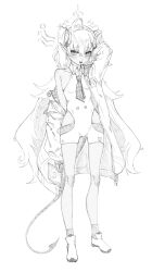 Rule 34 | 1girl, ahoge, blue archive, bodysuit, clothing cutout, demon horns, demon tail, greyscale, halo, highres, holding, holding notebook, horns, indinu, jacket, long hair, looking at viewer, loose necktie, monochrome, necktie, notebook, open clothes, open jacket, pointy ears, shoes, short twintails, side cutout, simple background, sketch, socks, star halo, sumomo (blue archive), tail, twintails, white background