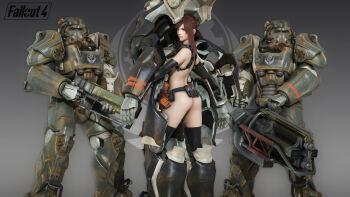 10s 1girl 3d armor ass back belt belt_pouch black_gloves black_thighhighs brown_hair energy_gun fallout fallout_4 gloves green_eyes gun highres kill_la_kill laser_rifle naked_belt nude nudist_beach_uniform pouch power_armor ryanreos simple_background thighhighs weapon