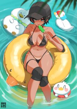 1girl :p absurdres arm_strap baseball_cap bikini bikini_tan black_bikini black_hair black_hat blue_eyes breasts cleavage commentary day english_commentary food hakimen halterneck hat highleg highleg_bikini highres holding holding_food holding_popsicle hololive large_breasts navel on_innertube oozora_subaru outdoors popsicle short_hair sitting soaking_feet solo stomach subaru_duck subatomo_(big) subatomo_(small) swimsuit tan tanline thigh_strap tongue tongue_out virtual_youtuber water