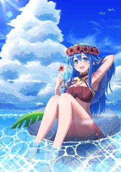 1girl absurdres armpits bikini bird blue_eyes blue_hair breasts cleavage cloud cloudy_sky cup fire_emblem fire_emblem:_the_binding_blade fire_emblem_heroes flower full_body hair_between_eyes hair_flower hair_ornament heppokop_61 highres holding holding_cup innertube lilina_(fire_emblem) lilina_(summer)_(fire_emblem) long_hair looking_at_viewer nintendo ocean official_alternate_costume on_innertube open_mouth partially_submerged red_bikini sky swim_ring swimsuit teeth transparent_innertube upper_teeth_only