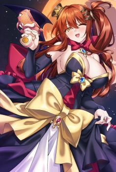 1girl absurdres back_bow black_dress black_hat black_sleeves blush bow bowtie breasts brooch brown_hair cosplay daiya_fortuna detached_sleeves disgaea dress gun hat highres holding holding_gun holding_weapon jewelry long_hair makai_senki_disgaea_2 mini_hat mini_top_hat number_hair_ornament one_eye_closed open_mouth pixellink red_bow red_bowtie ring rozalin rozalin_(cosplay) second-party_source shadow shirokuma_a skirt_hold solo strapless strapless_dress top_hat virtual_youtuber weapon yellow_bow yellow_eyes