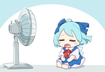 Rule 34 | 1girl, absurdres, ahoge, blue bow, blue hair, blue shoes, blush stickers, bow, bowtie, chibi, chibi only, cirno, closed eyes, collared shirt, commentary, electric fan, full body, fumo (doll), hair bow, highres, ice, ice wings, kame (kamepan44231), open mouth, red bow, red bowtie, seiza, shirt, shoes, short hair, short sleeves, sitting, solo, touhou, white background, white shirt, wings