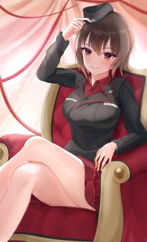 Rule 34 | absurdres, armchair, black jacket, brown eyes, brown hair, buttons, chair, cross, crossed legs, double-breasted, garrison cap, girls und panzer, hair between eyes, hat, head tilt, highres, jacket, kuromorimine military uniform, light smile, military hat, narupi (awbzojfijs75103), nishizumi maho, red shirt, red skirt, shirt, skirt