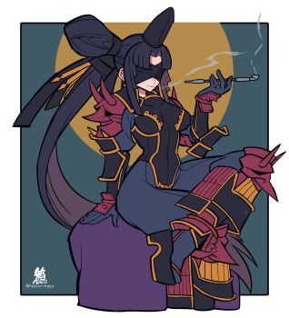 1girl armor black_hair black_hat black_leotard blindfold bodysuit breasts crossed_legs fate/grand_order fate_(series) grey_bodysuit hacco_mayu hair_bun hat highres japanese_armor kote leotard long_hair long_sleeves medium_breasts parted_bangs platform_footwear purple_lips shoulder_armor side_ponytail sidelocks single_side_bun sitting smile smoking smoking_pipe sode solo suneate taira_no_kagekiyo_(fate) taira_no_kagekiyo_(second_ascension)_(fate) ushiwakamaru_(fate) very_long_hair