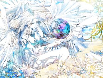 1girl blue_eyes breasts closed_mouth commentary copyright_name final_fantasy final_fantasy_xiv flower hydaelyn long_hair medium_breasts planet ruka_(blueplus84) smile solo twitter_username white_flower white_hair