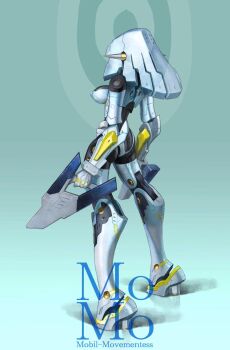 1girl breasts dual_wielding from_behind full_body high_heels highres holding holding_weapon humanoid_robot long_hair mecha_musume medium_breasts momo_(optune) nakakita_kouji no_humans optune original robot robot_girl science_fiction second-party_source sidelocks simple_background solo standing weapon white_hair