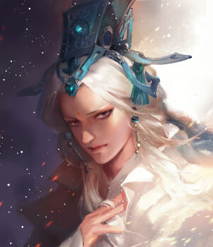 1boy chinese_clothes closed_mouth commentary_request embers eyelashes facial_mark forehead_mark gradient_background hat kdash long_hair male_focus pili_budaixi purple_eyes solo white_hair yu_xiao_yao