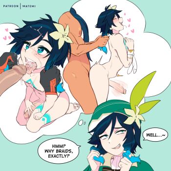 2boys anal androgynous blue_background blue_eyes blue_hair blush braid chest_tattoo closed_eyes cum cum_in_mouth cum_on_body ejaculation english_text facial flower flower_on_head from_side genshin_impact grabbing_another&#039;s_hair grabbing_another&#039;s_twintails gradient_hair hair_ornament hand_in_own_hair hat heart heart-shaped_pupils highres holding_another&#039;s_hair leg_tattoo long_hair male_focus male_penetrated matemi multicolored_hair multiple_boys multiple_views nipples open_mouth penis sex sex_from_behind speech_bubble standing standing_sex symbol-shaped_pupils tattoo thought_bubble trap twin_braids uncensored venti_(genshin_impact) yaoi