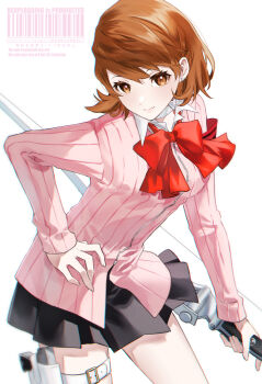 1girl armband black_skirt bow bow_(weapon) brown_eyes brown_hair cardigan choker closed_mouth commentary_request cowboy_shot flipped_hair gekkoukan_high_school_uniform hand_on_own_hip heart heart_choker highres holding holding_bow_(weapon) holding_weapon holster long_sleeves looking_at_viewer persona persona_3 pink_cardigan pleated_skirt red_armband red_bow ribbed_cardigan s.e.e.s school_uniform short_hair skirt smile solo takeba_yukari thigh_holster tsukitaka weapon white_choker wing_collar
