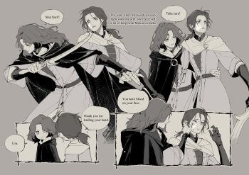 2girls agong amputee arm_around_waist cape cloak dagger elden_ring english_text facial_tattoo fromsoftware holding holding_dagger holding_knife holding_weapon hood hooded_cape hooded_cloak knife melina_(elden_ring) millicent_(elden_ring) multiple_girls namco one-eyed one_eye_closed scar tattoo weapon yuri