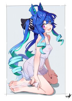 1girl @_@ absurdres ahoge animal_ears barefoot black_nails blue_eyes blue_hair boppin breasts commission feet heterochromia highres horse_ears horse_girl horse_tail loli long_hair looking_at_viewer multicolored_hair nipples open_mouth see-through_clothes sharp_teeth small_breasts solo tail teeth toes twin_turbo_(umamusume) twintails umamusume variant_set