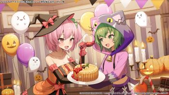 2girls :d animal_ears animal_hood assault_lily bare_shoulders bell black_dress black_hat black_skirt bow breasts cake candle candlestand candy candy_cane cat_ears cat_hood chocolate chocolate_bar cleavage clover_hair_ornament collarbone commentary_request copyright_notice cropped_hoodie cross-laced_clothes cross-laced_skirt detached_sleeves drawstring dress fake_animal_ears fang flask food four-leaf_clover_hair_ornament gloves green_eyes green_hair hair_ornament halloween halloween_costume hands_up hat hat_bow highres hitotsuyanagi_riri holding holding_flask holding_plate hood hood_up hoodie indoors jack-o&#039;-lantern light_particles long_sleeves looking_at_another looking_at_food medium_breasts midriff multiple_girls neck_bell official_alternate_costume official_art one_side_up open_mouth orange_dress pennant pink_eyes pink_gloves pink_hair plate pouring purple_hoodie red_bow round-bottom_flask short_hair sideways_glance skin_fang skirt sleeve_garter smile standing strapless strapless_dress string_of_flags tamago_nezumi tilted_headwear two-tone_dress upper_body witch_hat yoshimura_thi_mai