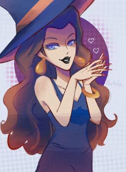 1girl bare_shoulders blue_eyes bracelet breasts brown_hair dress earrings hat heart jewelry large_breasts lips long_hair looking_at_viewer mario_(series) nintendo parlala pauline_(mario) sleeveless witch_hat