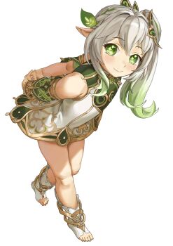 1girl absurdres arms_behind_back bare_shoulders blush closed_mouth commentary_request cross-shaped_pupils dress feet full_body genshin_impact green_dress green_eyes grey_hair hair_between_eyes hair_ornament highres leaf_hair_ornament leaning_forward long_hair looking_at_viewer mikazon multicolored_hair nahida_(genshin_impact) pointy_ears side_ponytail simple_background sleeveless solo symbol-shaped_pupils thighs toeless_legwear two-tone_hair white_background white_dress