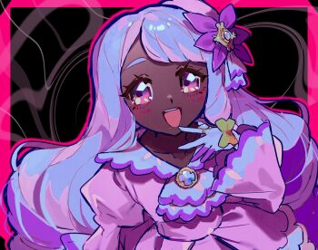 1girl :d ascot black_background blush border bow brooch dark-skinned_female dark_skin dress fascinator frilled_ascot frills fuji_den_fujiko gloves hair_ornament hashtag-only_commentary highres jacinthe_(pokemon) jewelry long_hair looking_at_viewer low_drills mega_stone nintendo open_mouth pink_border pink_dress pokemon pokemon_legends:_z-a purple_bow purple_eyes purple_hair ring simple_background smile solo upper_body white_gloves yellow_bow