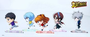 2boys 3girls alternate_costume ayanami_rei breasts brown_hair casual chibi copyright_name glasses ikari_shinji low_twintails makinami_mari_illustrious multiple_boys multiple_girls nagisa_kaworu neon_genesis_evangelion official_alternate_costume official_art open_mouth pants photo_(medium) rebuild_of_evangelion running shirt short_shorts shorts simple_background skirt smile souryuu_asuka_langley twintails two_side_up walking white_background