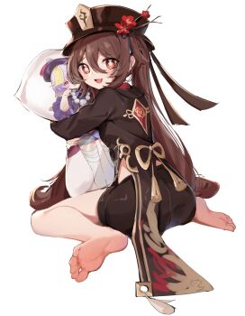 1girl :d bare_legs barefoot blush brown_hair brown_hat brown_shirt brown_shorts character_pillow chinese_commentary commentary_request fang feet flower flower-shaped_pupils from_behind full_body genshin_impact hair_between_eyes hat hat_flower highres hu_tao_(genshin_impact) hugging_object long_hair looking_at_viewer looking_back nahaki open_mouth pillow pillow_hug qiqi_(genshin_impact) red_eyes red_flower shirt short_shorts shorts simple_background sitting smile soles solo symbol-shaped_pupils tailcoat toes twintails very_long_hair wariza white_background