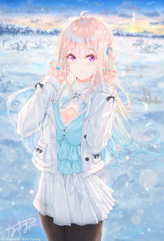 1girl ahoge blonde_hair blue_camisole blue_hair blue_nails breasts brown_pantyhose camisole cleavage dusk gradient_hair highres jacket long_hair medium_breasts miniskirt multicolored_hair na_kyo original outdoors pantyhose parted_lips pleated_skirt purple_eyes skirt snow white_jacket white_skirt winter