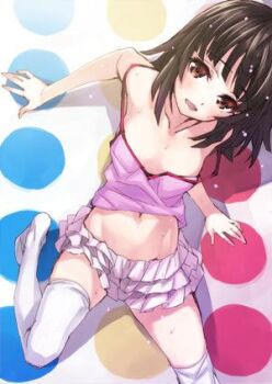 1girl bakemonogatari black_hair blush breasts brown_eyes brown_hair camisole frilled_skirt frills looking_at_viewer lowres matsuryuu monogatari_(series) navel nisemonogatari non-web_source open_mouth pink_tank_top sengoku_nadeko short_hair skirt small_breasts smile solo strap_slip sweat tank_top thighhighs twister white_thighhighs zettai_ryouiki