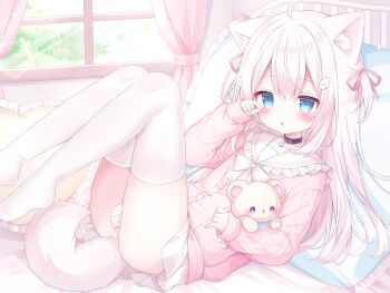 1girl :o animal_ear_fluff animal_ears bed bed_sheet bell blue_eyes blush bow cat_ears cat_girl cat_tail choker collarbone commentary_request commission curtains dress frilled_pillow frills hair_between_eyes hair_bow hair_ornament hair_ribbon highres hugging_object indoors jingle_bell knees_up long_hair long_sleeves looking_at_viewer lying no_shoes off_shoulder on_bed open_mouth original panties parted_lips pillow ribbon shirt sitting skeb_commission skirt sleeves_past_wrists solo stuffed_animal stuffed_rabbit stuffed_toy tail thighhighs twintails two_side_up underwear usami_cocoa very_long_hair window