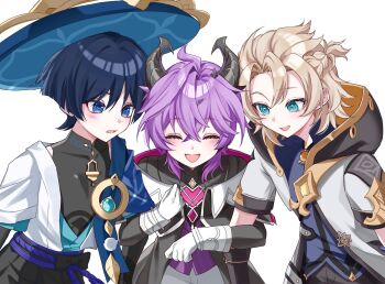 3boys albedo_(genshin_impact) anemo_symbol_(genshin_impact) aqua_eyes aqua_gemstone aqua_kimono aqua_sleeves belt black_belt black_bodysuit black_bow black_coat black_hood black_horns black_sleeves blonde_hair blue_cape blue_collar blue_eyes blue_hat blue_shirt blunt_ends blush bodysuit bow braid bright_pupils brothers brown_gemstone cape chest_jewel clenched_hands coat collar colored_eyelashes covered_collarbone curtained_hair dragon_horns eyelashes eyeliner eyeshadow facial_mark facing_viewer feathers forehead_mark gem genshin_impact geo_symbol_(genshin_impact) gloves gold hair_between_eyes hair_intakes hakama hakama_shorts half_up_braid happy hat heart-shaped_gem high_collar highres hood hood_down hooded_coat horns japanese_clothes jingasa juban kimono layered_sleeves locked_arms long_sleeves looking_at_another makeup mandarin_collar mini_durin_(genshin_impact) mini_durin_(human)_(genshin_impact) multiple_boys open_clothes open_coat open_kimono open_mouth pants pink_gemstone pleated_shorts pom_pom_(clothes) purple_hair purple_horns purple_rope purple_sash purple_vest red_eyeliner red_eyeshadow rope sash scaramouche_(genshin_impact) shirt short_sleeves shorts shoulder_peek siblings takura_0103 two-sided_hood two-sided_horns vest vision_(genshin_impact) wanderer_(genshin_impact) white_background white_gloves white_kimono white_pants white_pupils white_sleeves white_trim wispy_bangs yellow_feathers yellow_hood