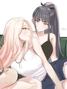 2girls bare_shoulders black_camisole blonde_hair blue_shorts breasts camisole character_request cleavage closed_mouth copyright_request dated eye_contact grey_eyes grey_hair high_ponytail highres kevn large_breasts long_hair looking_at_another lying_on_lap mole mole_under_eye multicolored_hair multiple_girls parted_lips pink_streaks ponytail purple_eyes shorts signature sketch smile streaked_hair tank_top white_tank_top yuri