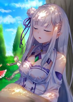 1boy 2girls against_tree bare_shoulders beatrice_(re:zero) blanket blue_sky blunt_bangs blush braid breasts cleavage closed_eyes cloud crown_braid dappled_sunlight day detached_sleeves dress elf emilia_(re:zero) flower frills gem grey_hair hair_flower hair_ornament hair_ribbon highres long_hair medium_breasts multiple_girls natsuki_subaru nesigita_rezero open_mouth outdoors pointy_ears purple_ribbon re:zero_kara_hajimeru_isekai_seikatsu ribbon rose running shade sky sleeping sleeping_upright solo_focus sunlight track_suit tree tree_shade very_long_hair white_flower white_hair white_rose x_hair_ornament