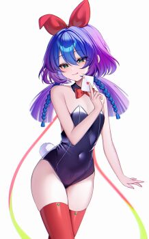 Rule 34 | 1girl, absurdres, ace (playing card), ace of hearts, black leotard, blue hair, bow, bowtie, braid, card, character request, closed mouth, commentary, copyright request, covered navel, cowboy shot, demcheg, detached collar, double-parted bangs, english commentary, fake tail, flat chest, gradient hair, green eyes, hair between eyes, hair bow, hand up, heart, highres, holding, holding card, leotard, licking lips, long hair, looking at viewer, multicolored hair, petite, playing card, purple hair, rabbit tail, red bow, red bowtie, red thighhighs, smile, solo, strapless, strapless leotard, tail, thighhighs, tongue, tongue out, twin braids, white background