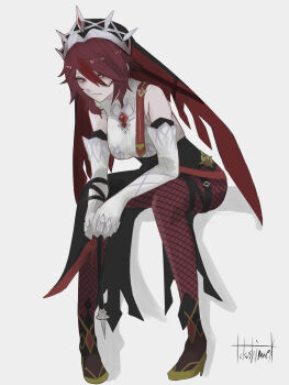 1girl bare_shoulders breasts commentary elbow_gloves fishnet_pantyhose fishnets genshin_impact gloves hair_between_eyes highres looking_to_the_side medium_breasts multicolored_hair nun pantyhose purple_eyes red_hair rosaria_(genshin_impact) short_hair signature sitting solo streaked_hair takashimaex white_background white_gloves