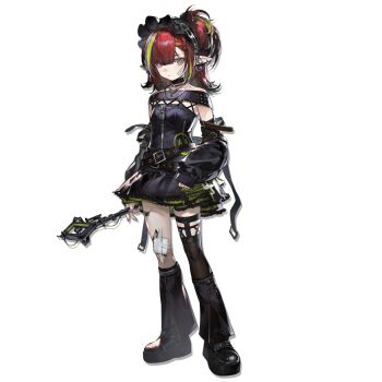 1girl arknights arm_belt arm_warmers bandaid bandaid_on_cheek bandaid_on_face belt black_arm_warmers black_choker black_hairband black_leg_warmers black_shirt black_shoes black_skirt black_theme black_thighhighs blue_nails braid braided_bangs brown_belt choker closed_mouth ear_piercing full_body gauze_on_knee gothic_punk green_hair green_skirt hairband half_updo holding holding_wand leg_warmers legwear_garter light_blush lolita_hairband long_bangs looking_at_viewer material_growth medium_hair multicolored_hair off-shoulder_shirt off_shoulder official_art oripathy_lesion_(arknights) over-kneehighs piercing platform_shoes pointy_ears red_hair shirt shoes shui_di_yu_bu_lei_shao simple_background single_legwear_garter single_over-kneehigh single_thighhigh skirt solo standing streaked_hair tachi-e tecno_(arknights) thighhighs third-party_source transparent_background two-sided_fabric two-sided_skirt two-tone_hair two-tone_skirt wand