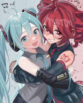 2girls :d ahoge aqua_background aqua_eyes aqua_hair aqua_necktie artist_collaboration bare_shoulders black_shirt black_skirt black_sleeves collared_shirt commentary confetti detached_sleeves drill_hair english_commentary english_text grey_shirt grin hair_between_eyes hair_ornament hatsune_miku headphones highres hug kasane_teto kasane_teto_(utau) linnees_waos long_hair looking_at_viewer multiple_girls naoyuki_arts necktie open_mouth red_background red_eyes red_hair shirt short_hair shoulder_tattoo sidelocks skirt sleeveless sleeveless_shirt smile star_(symbol) star_in_eye symbol_in_eye tattoo twin_drills twintails two-tone_background upper_body utau very_long_hair vocaloid