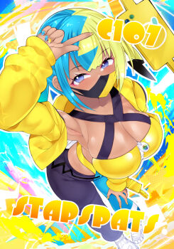 1girl breasts canari_(pokemon) cleavage dark-skinned_female dark_skin hisui_(stapspats) large_breasts multicolored_hair pokemon pokemon_legends:_z-a solo two-tone_hair