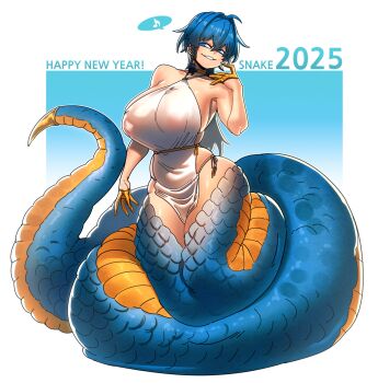 1girl 2025 armpits blue_eyes blue_hair braid breasts chinese_zodiac dress ear_piercing eyebrows_hidden_by_hair full_body gintm gloves gold_gloves hair_between_eyes half_gloves highres lamia large_breasts looking_at_viewer makeup monster_girl musical_note new_year open_mouth original piercing short_hair smile solo spoken_musical_note white_dress year_of_the_snake