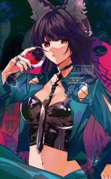 1girl alternate_costume animal_ear_fluff animal_ear_piercing animal_ears black_hair black_nails black_necktie blunt_bangs breasts bright_pupils cleavage collarbone commentary cup drinking_glass fingernails fox_ears fox_girl green_jacket green_pants hair_intakes hand_up highres holding holding_cup hoshimi_miyabi jacket jewelry large_breasts long_hair looking_at_viewer midriff multiple_rings navel necktie open_clothes open_mouth pants red_eyes ring silver_ring sitting solo sshooooe twitter_username white_pupils wine_glass zenless_zone_zero